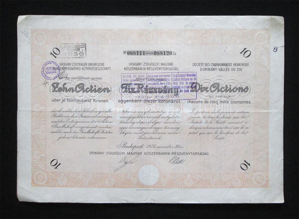 Urikny-Zsilvlgyi Magyar Ksznbnya 10x5000 korona 1923 (ROU)